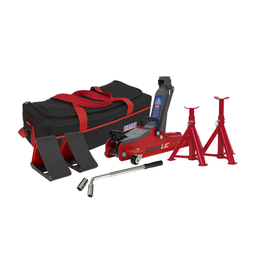 Sealey 2tonne Low Entry Short Chassis Trolley Jack & Accessories Bag Combo - Red 1020LEBAGCOMBO