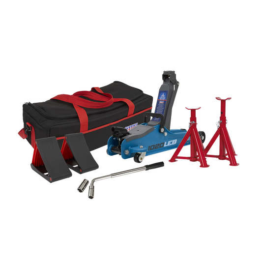 Sealey 2tonne Low Entry Short Chassis Trolley Jack & Accessories Bag Combo - Blue 1020LEBBAGCOMBO