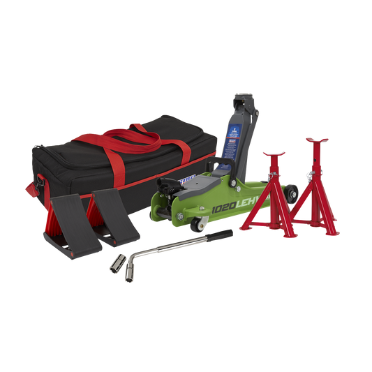 Sealey 2tonne Low Entry Short Chassis Trolley Jack & Accessories Bag Combo - Hi-Vis Green 1020LEHVBAGCOMBO