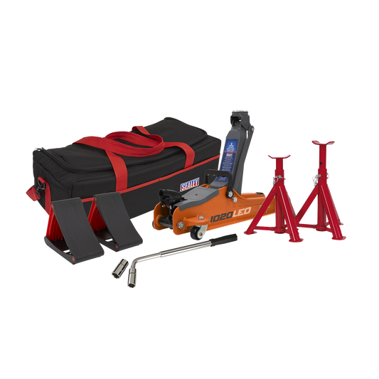 Sealey 2tonne Low Entry Short Chassis Trolley Jack & Accessories Bag Combo - Orange 1020LEOBAGCOMBO