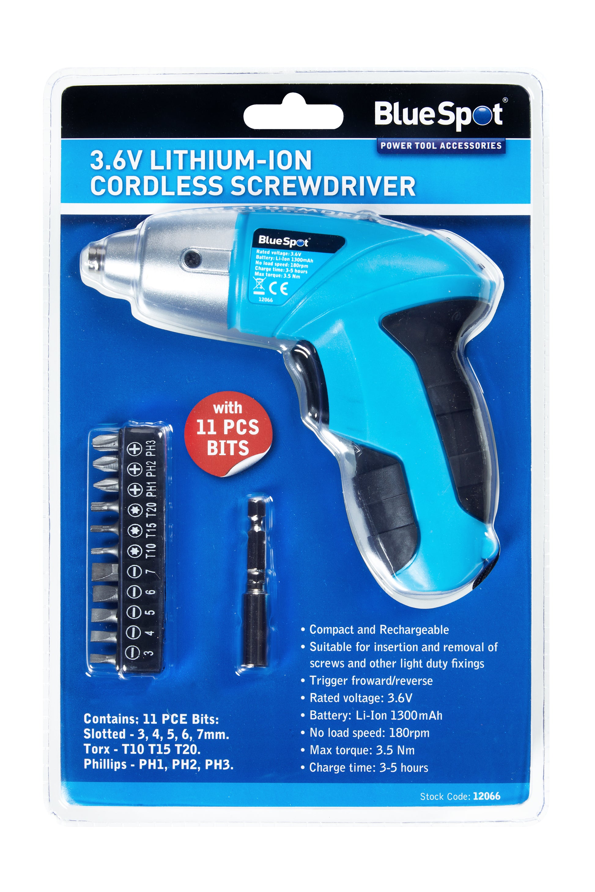 BlueSpot 3.6V Lithium-ion Cordless Screwdriver with 11 PCE bits 12066