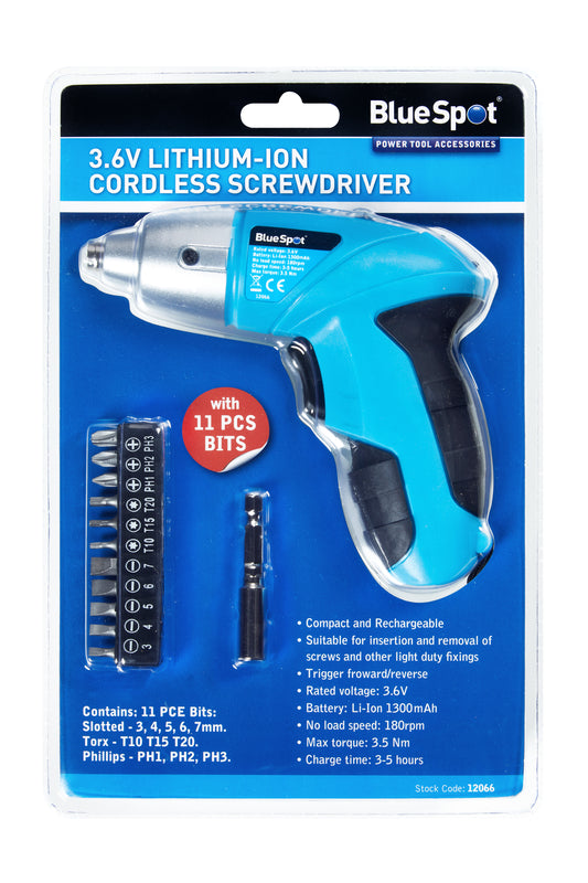 BlueSpot 3.6V Lithium-ion Cordless Screwdriver with 11 PCE bits 12066
