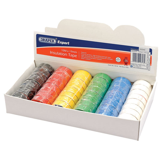 Draper Countertop Display of 48 Assorted 10M x 19mm Insulation Tape Rolls to BS3924 and BS4J10 DRA-12818