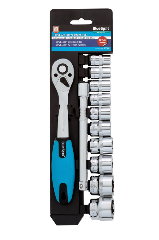 BlueSpot 12 PCE 3/8" Metric Ratchet & Socket Set (10-24mm) 01502