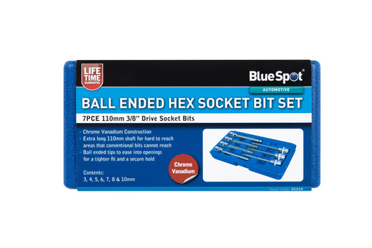 BlueSpot 7 PCE 3/8" Extra Long Ball Ended Hex Socket Bit Set (H3-H10) 01510