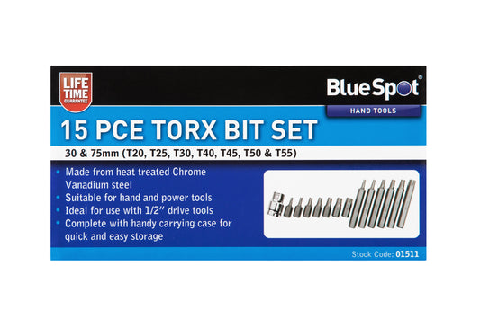 BlueSpot 15 PCE 1/2" Torx Bit Set (T20-T55) 01511