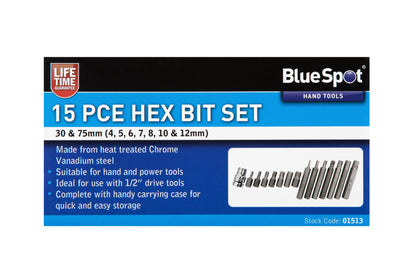 BlueSpot 15 PCE 1/2" Hex Bit Set (H4-H12) 01513