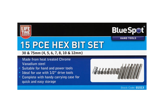 BlueSpot 15 PCE 1/2" Hex Bit Set (H4-H12) 01513