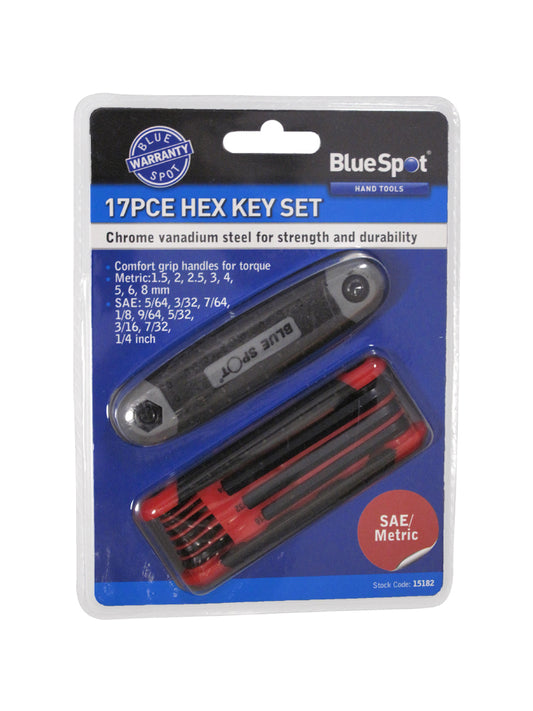 BlueSpot 17 PCE Metric and Imperial Hex Key Set (1.5-8mm) (5/64"-1/4") 15182