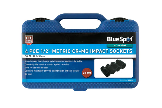 BlueSpot 4 PCE 1/2" Metric Cr-Mo Impact Sockets (30-36mm) 01528