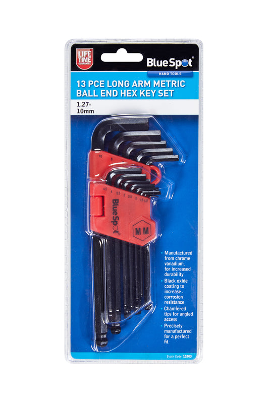 BlueSpot 13 PCE Long Arm Metric Ball End Hex Key Set (1.27-10mm) 15303