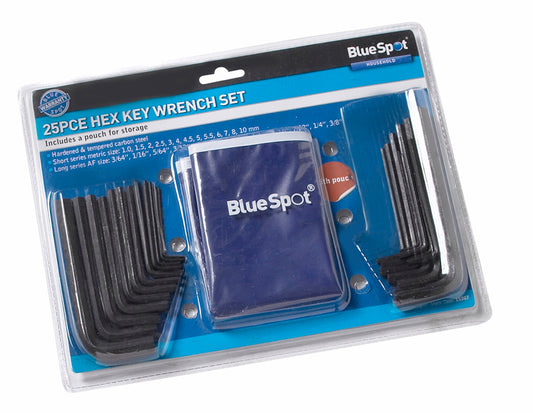 BlueSpot 25 PCE Metric and Imperial Hex Key Wrench Set With Pouch (1-10mm) (3/64"-3/8") 15307