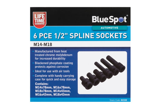 BlueSpot 6 PCE 1/2" Spline Sockets (M14-M18)  01532