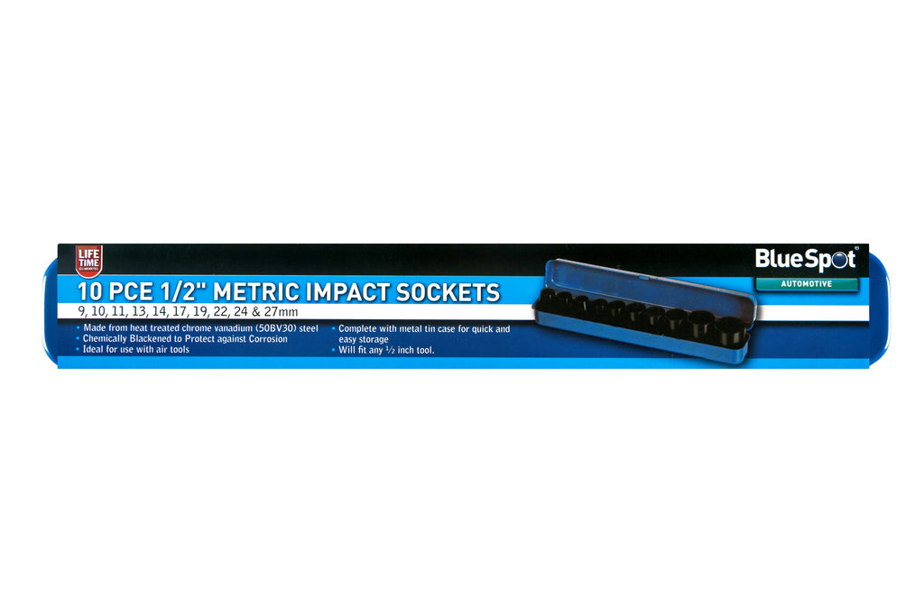 BlueSpot 10 PCE 1/2" Metric Impact Sockets (9-27mm) 01537