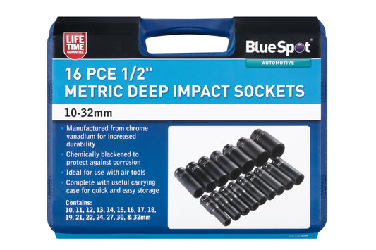 BlueSpot 16 PCE 1/2" Metric Deep Impact Sockets (10-32mm) 01550