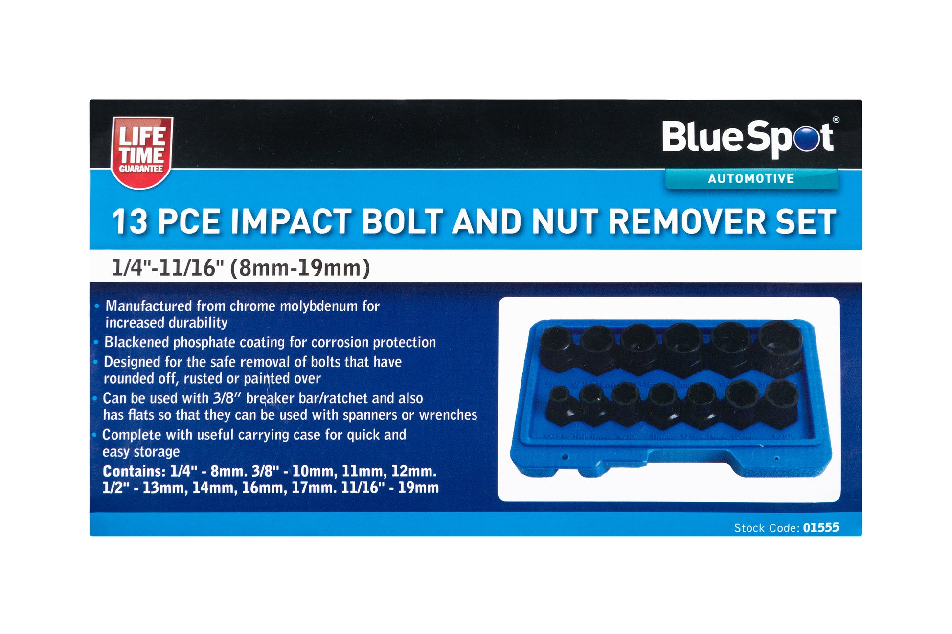 BlueSpot 13 PCE Impact Bolt And Nut Remover Set (1/4"-11/16") (8mm-19mm) 01555
