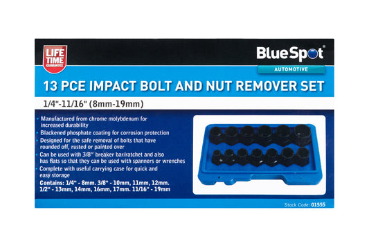BlueSpot 13 PCE Impact Bolt And Nut Remover Set (1/4"-11/16") (8mm-19mm) 01555