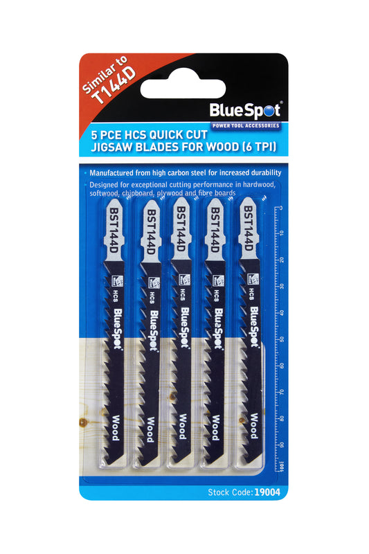 BlueSpot 5 PCE HCS Quick Cut Jigsaw Blades For Wood (6 TPI) 19004