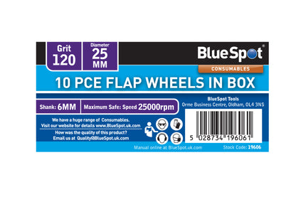 BlueSpot 10 PCE 120 Grit 25MM Flap Wheels In Box 19606
