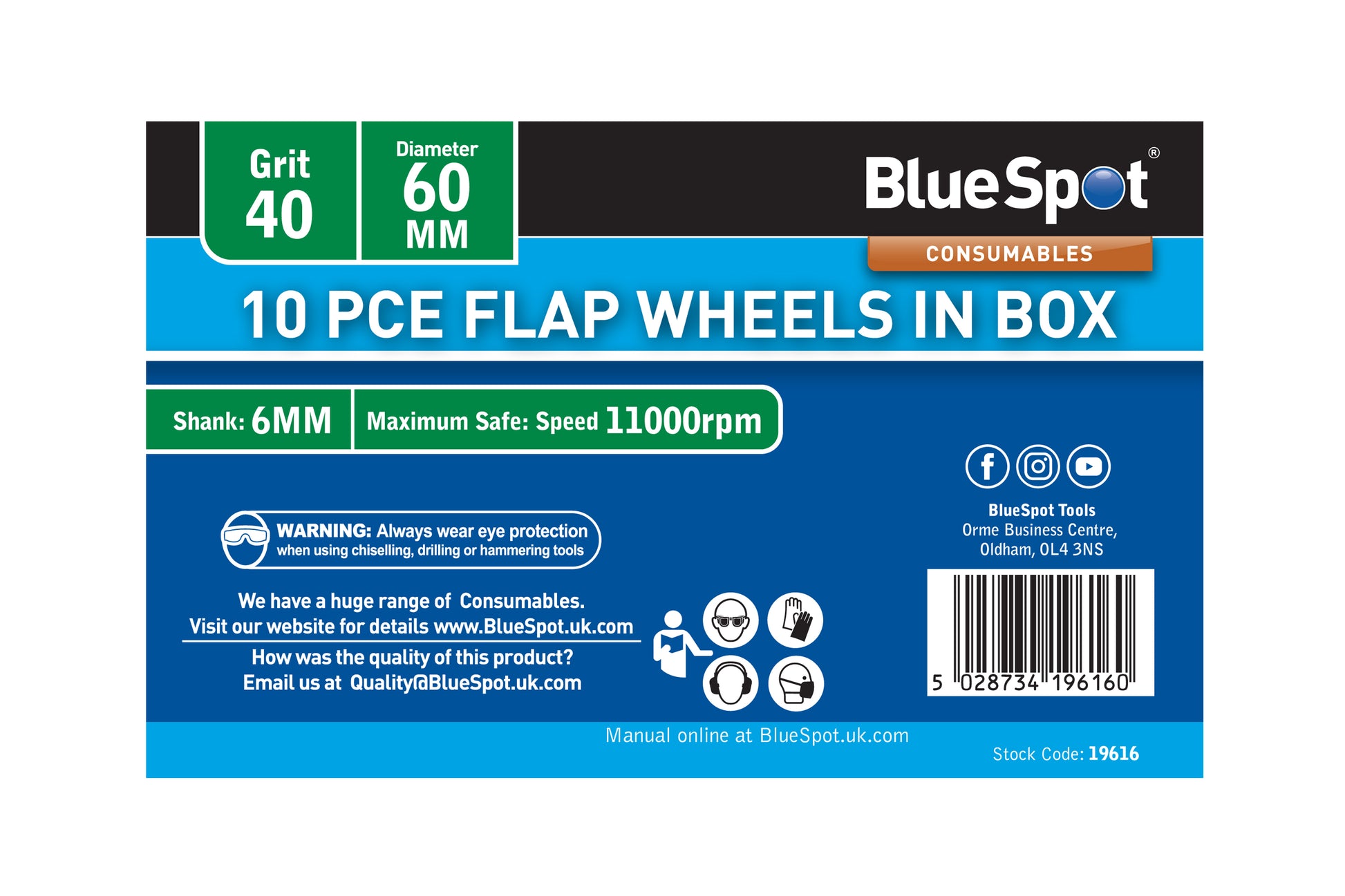 BlueSpot 10 PCE 40 Grit 60MM Flap Wheels In Box  19616