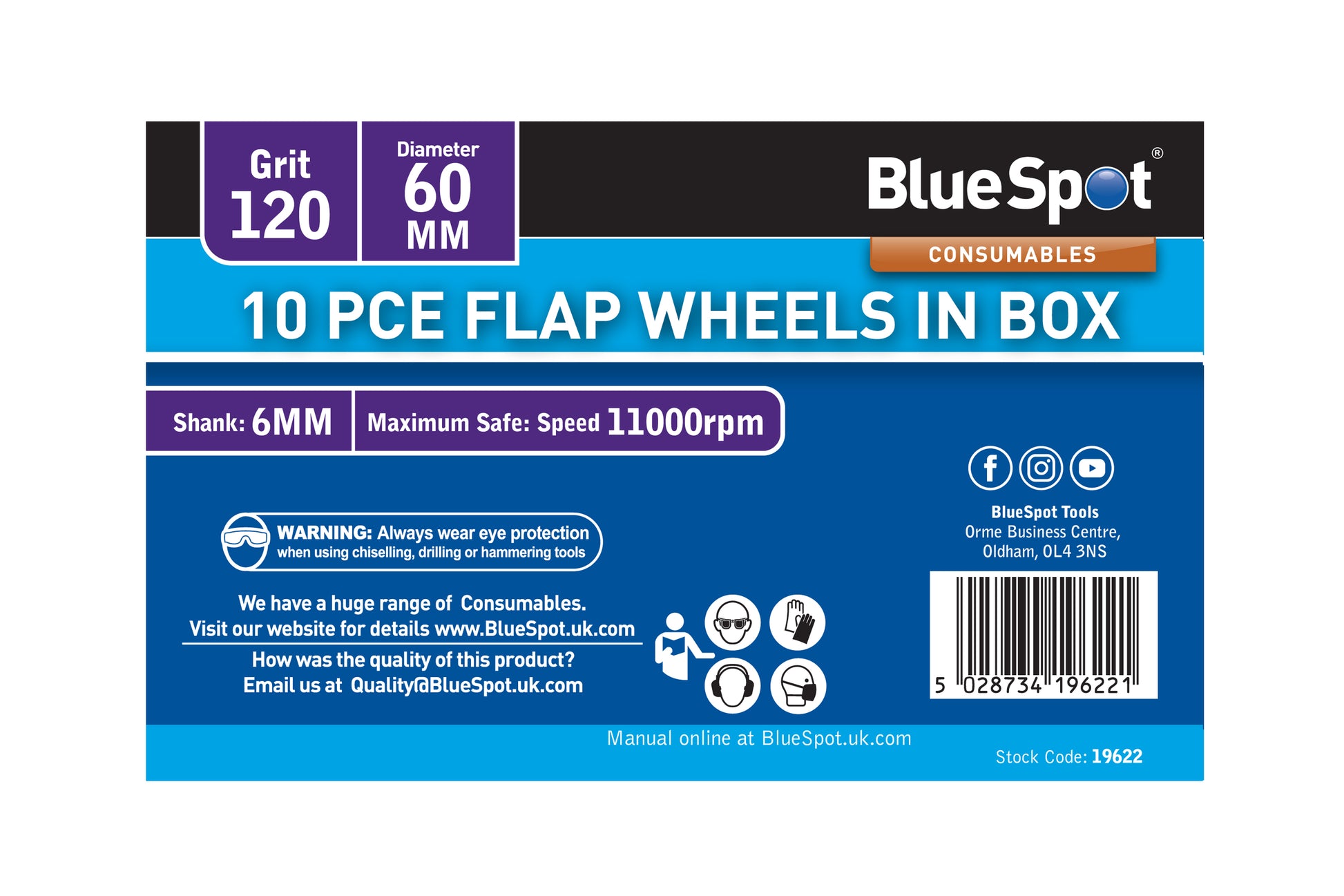 BlueSpot 10 PCE 120 Grit 60MM Flap Wheels In Box  19622