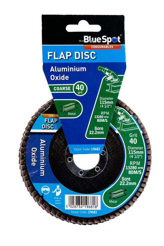 BlueSpot 115mm (4.5") 40 Grit Aluminium Oxide Flap Disc (Header Card) 19681