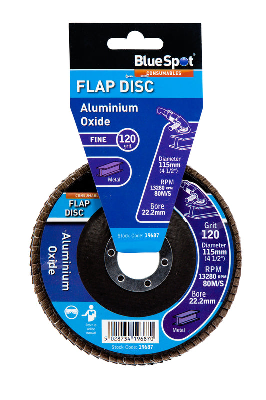 BlueSpot 115mm (4.5") 120 Grit Aluminium Oxide Flap Disc (Header Card) 19687