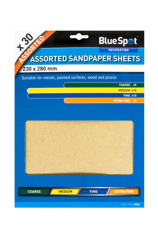 BlueSpot 30 PCE Assorted Sandpaper Sheets 19850