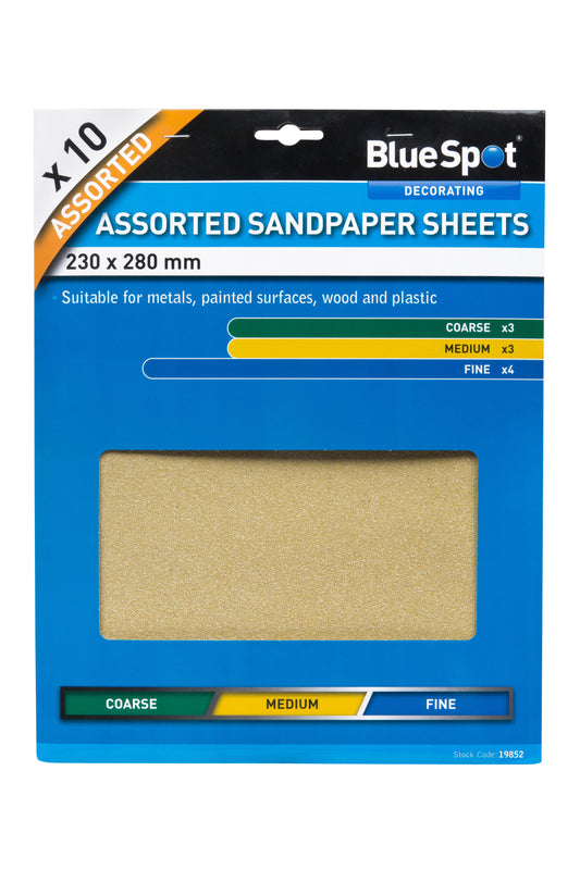 BlueSpot 10 PCE Assorted Sandpaper Sheets 19852