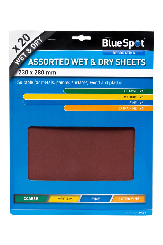 BlueSpot 20 PCE Assorted Wet And Dry Sandpaper Sheets 19854