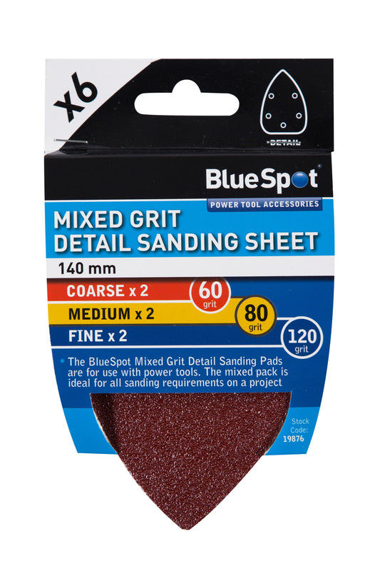BlueSpot 6 Pack 140mm Mixed Grit Detail Sanding Sheets 19876