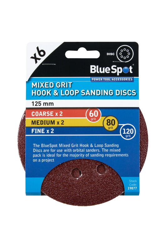 BlueSpot 6 Pack 125mm Mixed Grit Sanding Disc 19877