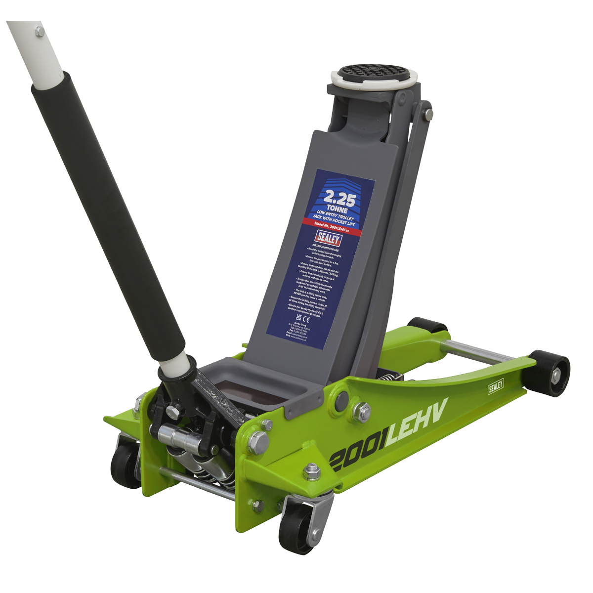 Sealey 2.25tonne Low Entry Trolley Jack with Rocket Lift - Hi-Vis Green 2001LEHV
