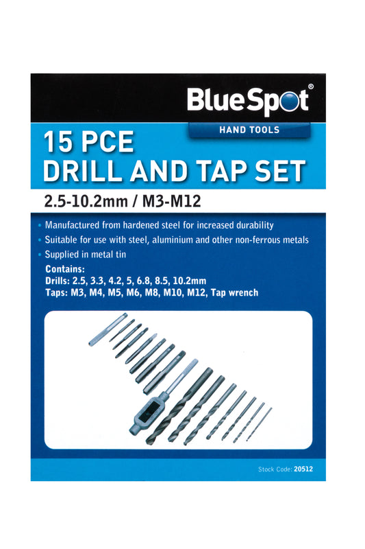 BlueSpot 15 PCE Drill and Tap Set (M3-M12) (2.5-10.2mm) 20512
