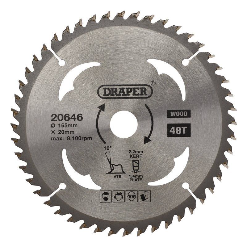 Draper TCT Circular Saw Blade for Wood, 165 x 20mm, 48T DRA-20646
