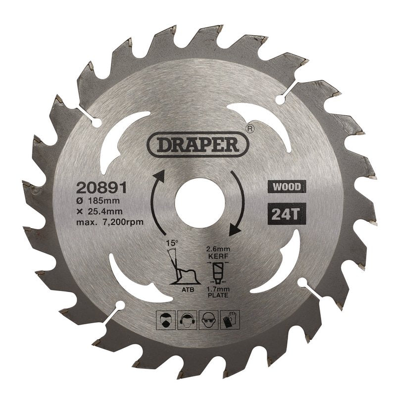 Draper TCT Circular Saw Blade for Wood, 185 x 25.4mm, 24T DRA-20891