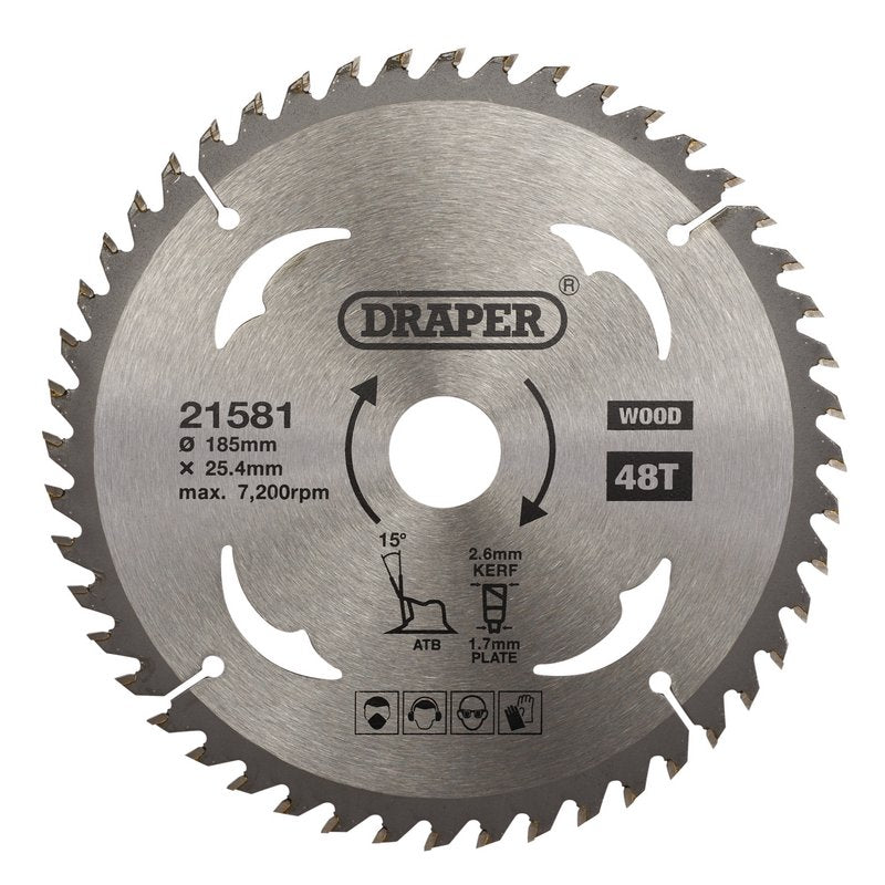 Draper TCT Circular Saw Blade for Wood, 185 x 25.4mm, 48T DRA-21581