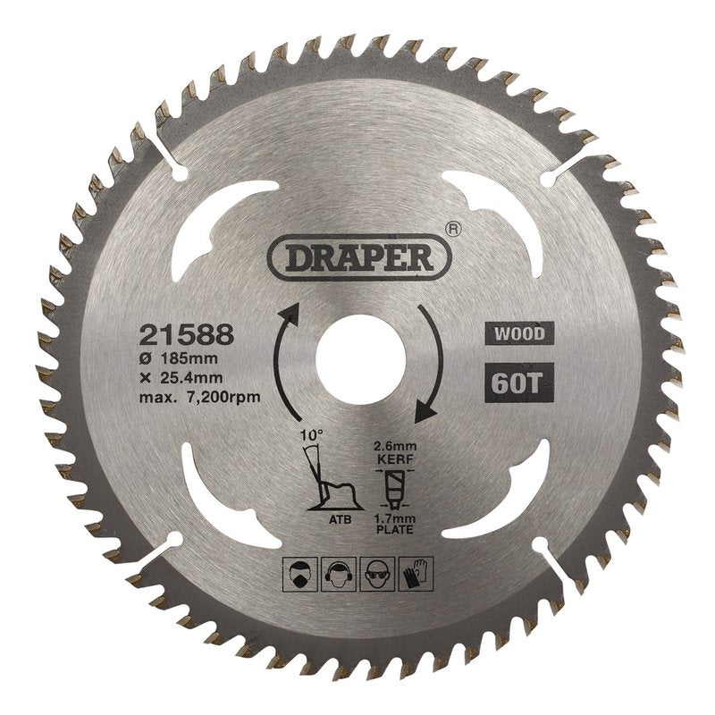 Draper TCT Circular Saw Blade for Wood, 185 x 25.4mm, 60T DRA-21588