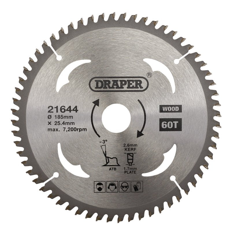 Draper TCT Circular Saw Blade for Laminate & Wood, 185 x 25.4mm, 60T DRA-21644