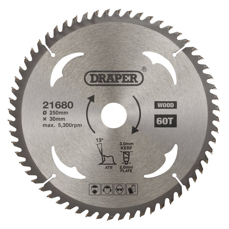 Draper TCT Circular Saw Blade for Wood, 250 x 30mm, 60T DRA-21680