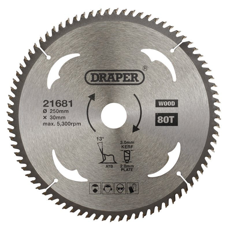 Draper TCT Circular Saw Blade for Wood, 250 x 30mm, 80T DRA-21681