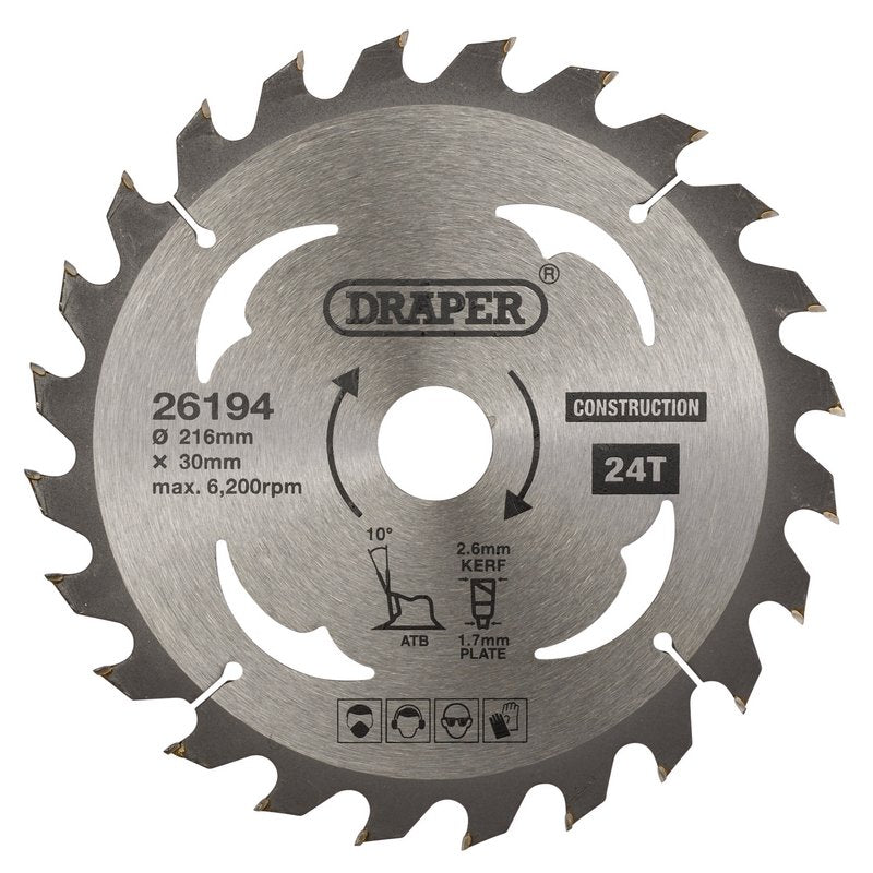 Draper TCT Construction Circular Saw Blade, 216 x 30mm, 24T DRA-26194
