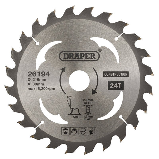 Draper TCT Construction Circular Saw Blade, 216 x 30mm, 24T DRA-26194