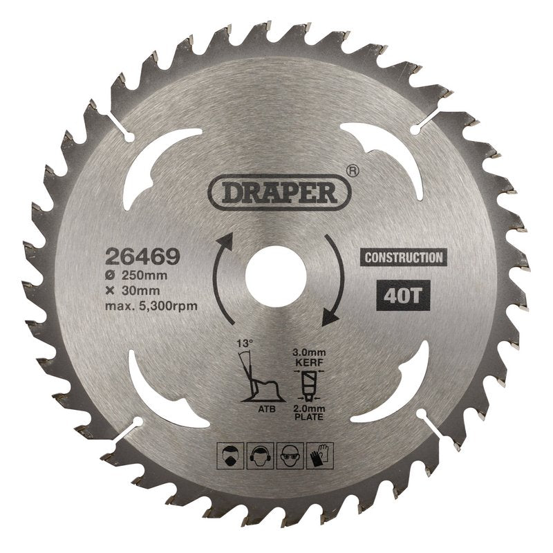 Draper TCT Construction Circular Saw Blade, 250 x 30mm, 40T DRA-26469