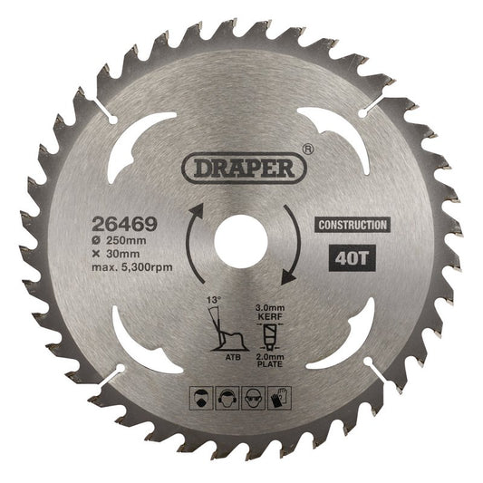 Draper TCT Construction Circular Saw Blade, 250 x 30mm, 40T DRA-26469
