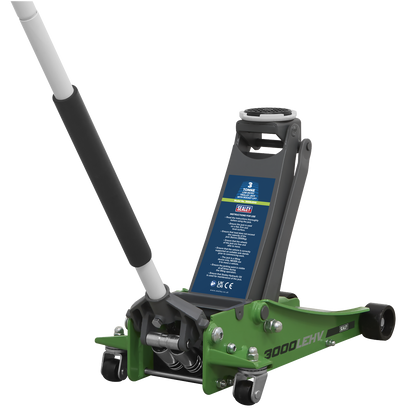 Sealey 3tonne Low Entry Trolley Jack with Rocket Lift - Hi-Vis Green 3000LEHV