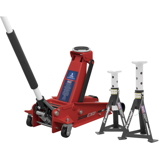 Sealey 3tonne Trolley Jack with Super Rocket Lift & Axle Stands (Pair) 3015CXDCOMBO1