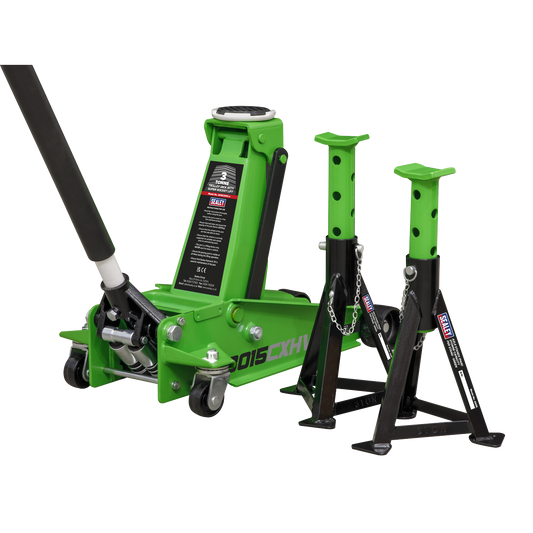 Sealey 3tonne Trolley Jack with Super Rocket Lift & Axle Stands (Pair) - Hi-Vis Green 3015CXHV