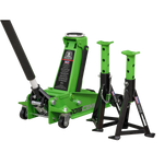 Sealey 3tonne Trolley Jack with Super Rocket Lift & Axle Stands (Pair) - Hi-Vis Green 3015CXHV