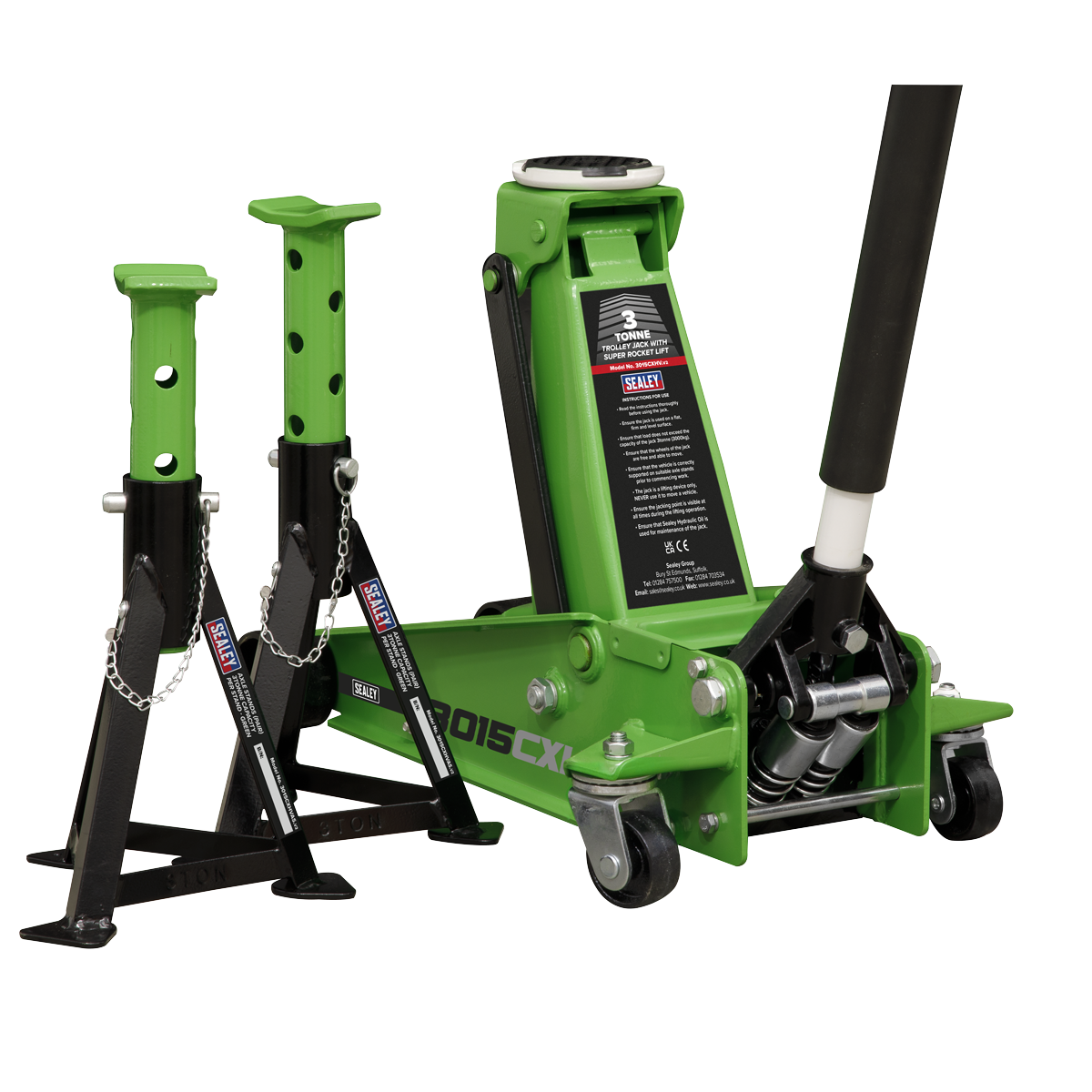 Sealey 3tonne Trolley Jack with Super Rocket Lift & Axle Stands (Pair) - Hi-Vis Green 3015CXHV